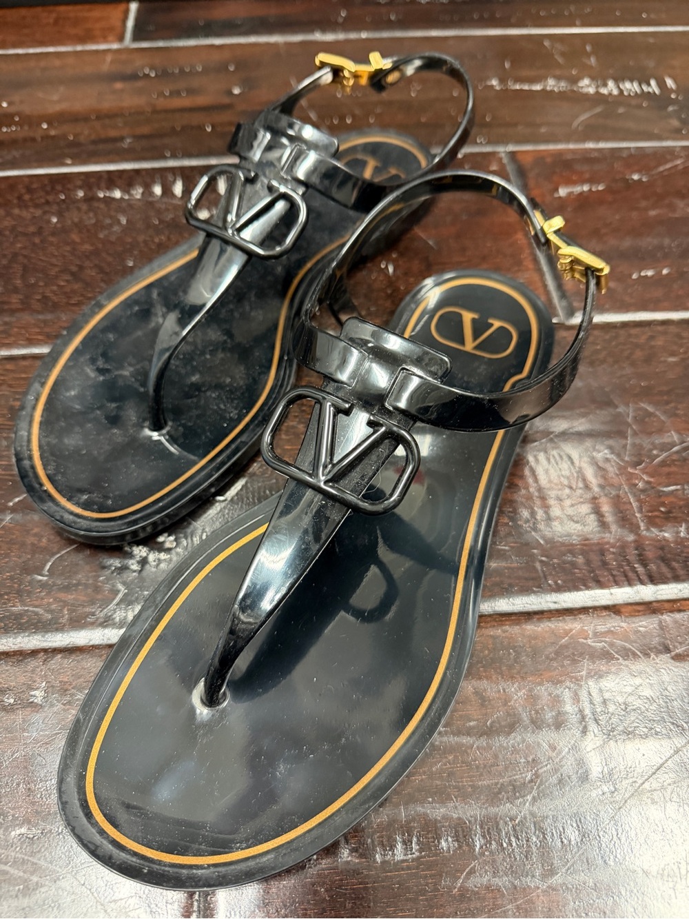 Valentino Black Logo Thong Sandals with Gold Buckle